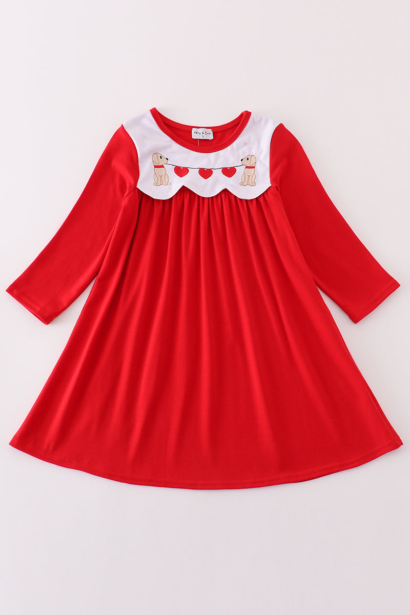 Red Valentine's Day Puppy Embroidery Girl Dress