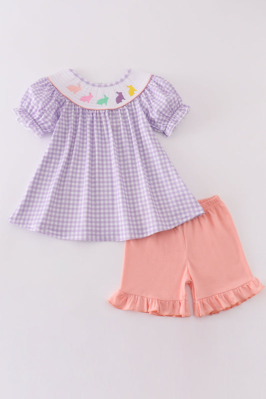 Purple Bunny Embroidery Smocked Girl Set