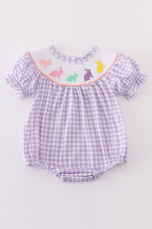 Purple Bunny Embroidery Smocked Girl Bubble