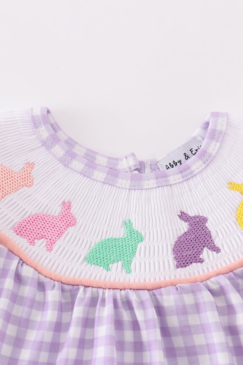 Purple Bunny Embroidery Smocked Girl Bubble