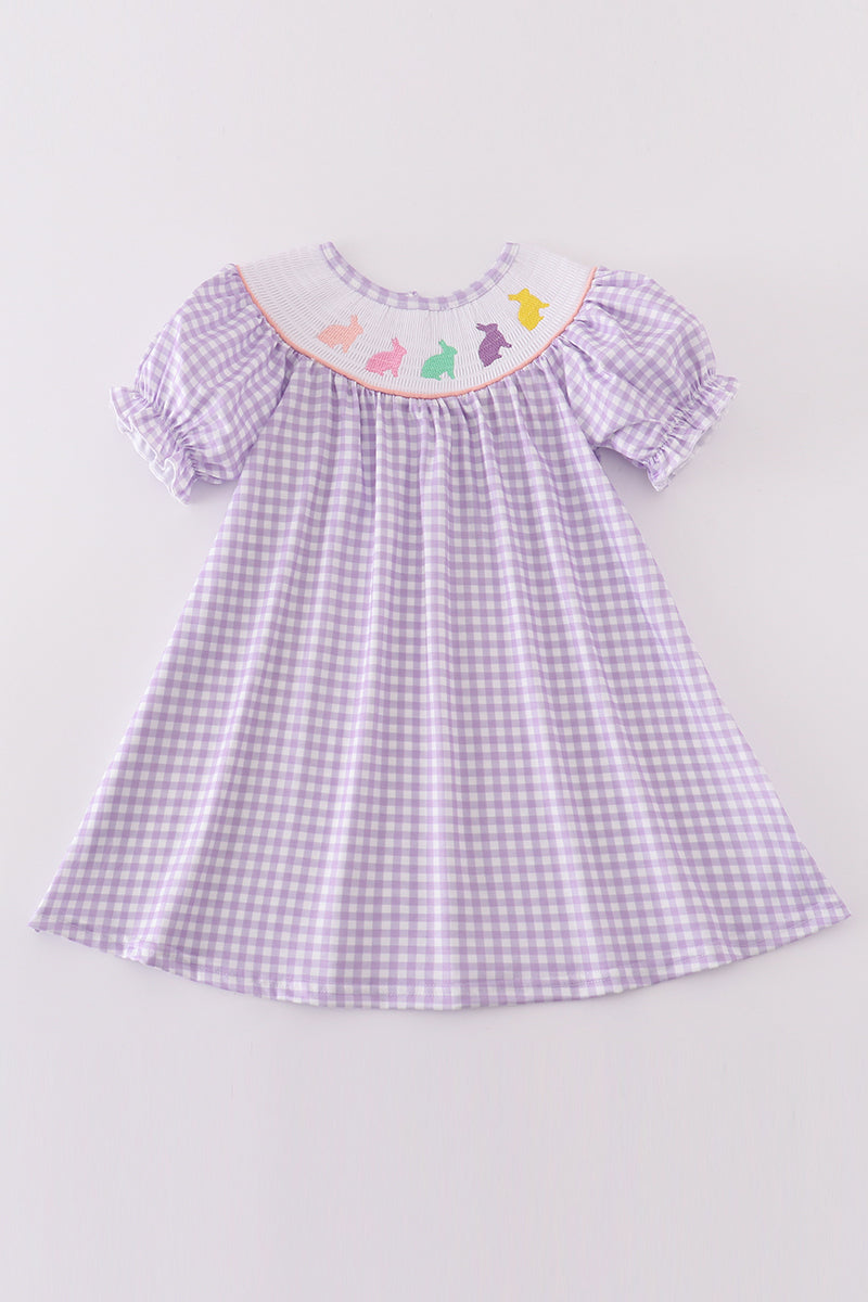 Purple Bunny Embroidery Smocked Girl Dress