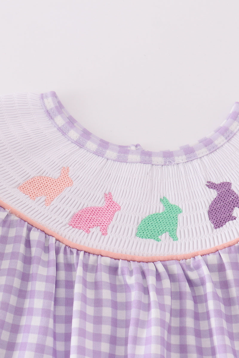 Purple Bunny Embroidery Smocked Girl Dress