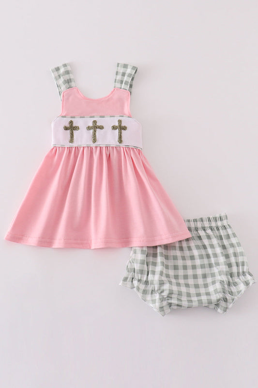 Pink Easter Cross French Knot Girl Bloomer Set