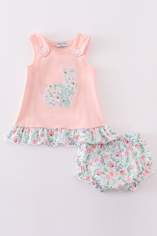 Pink Floral Bunny Applique Girl Bloomer Set