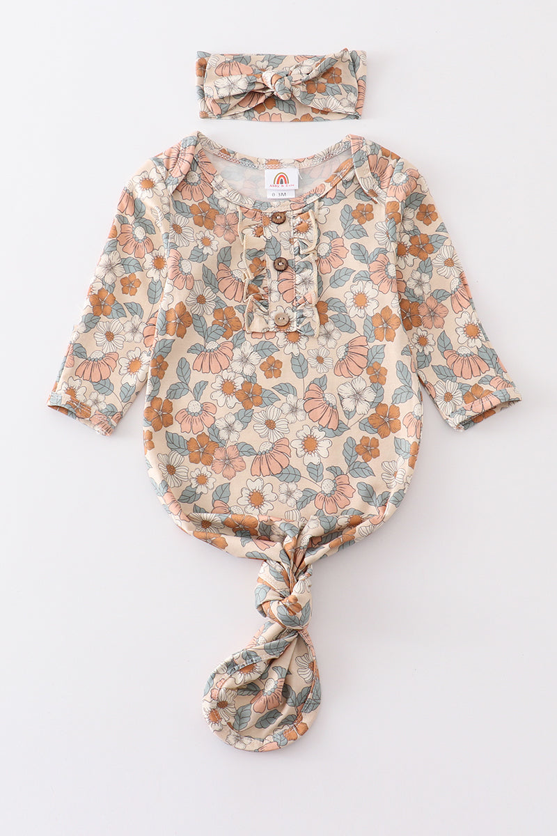 Floral Print Hairband Baby Gown