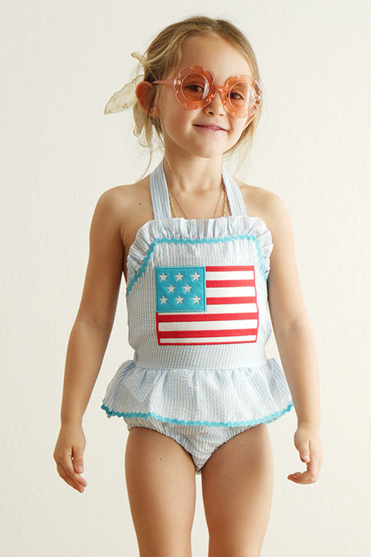 Blue Patriotic Flag Applique Seersucker One-Piece Girl Swimsuit