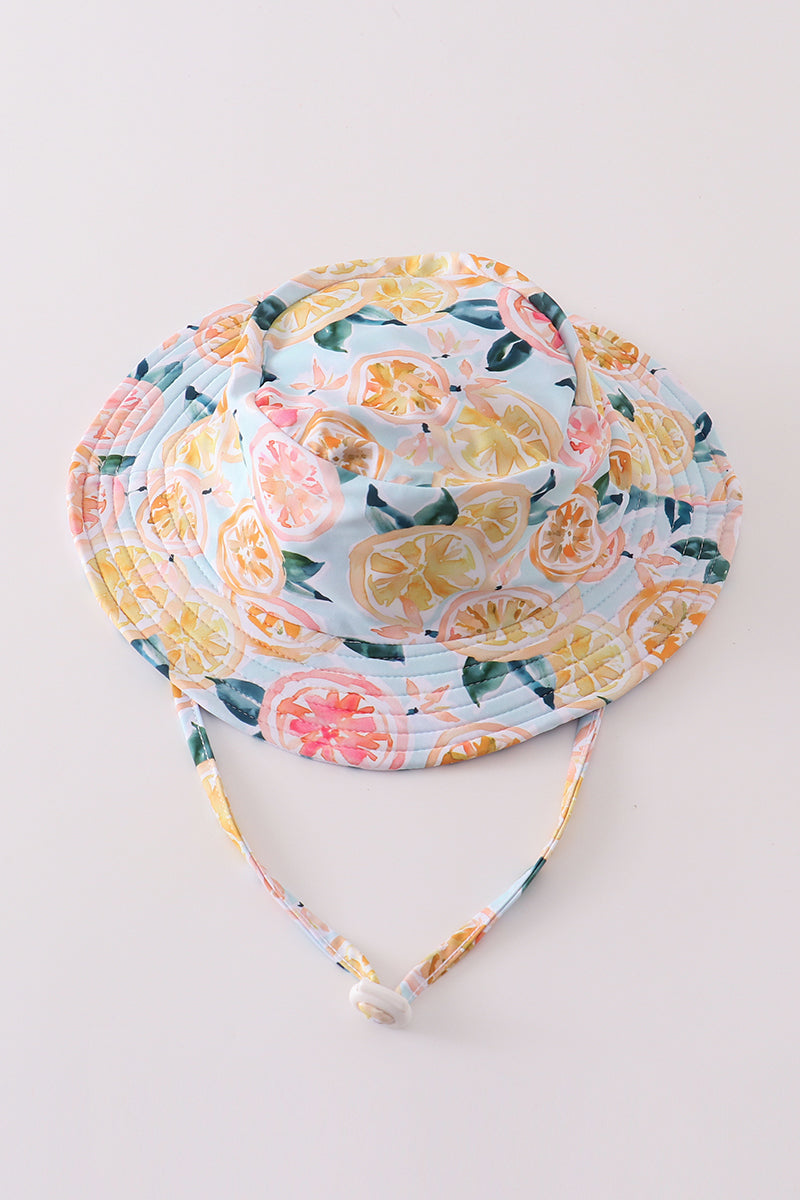 White & Green Lemon Print Sun Hat