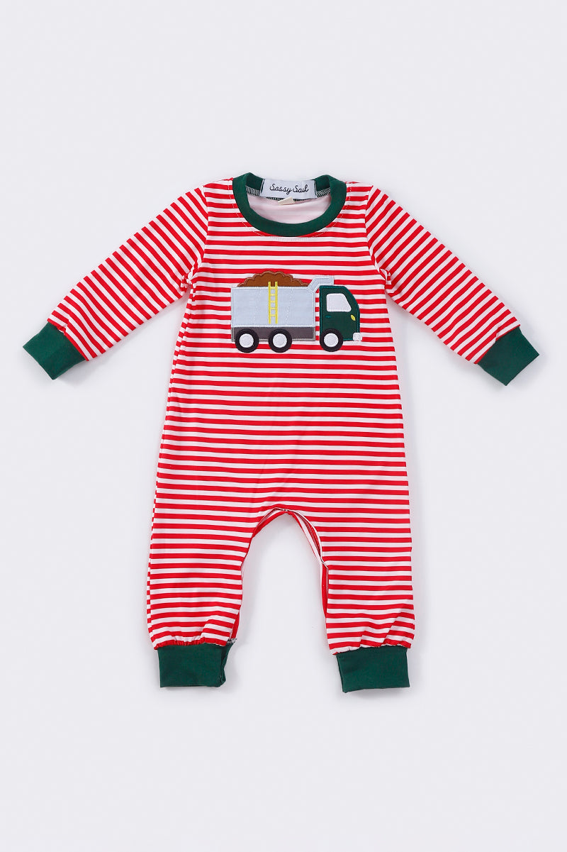 Red Stripe Truck Applique Boy Romper