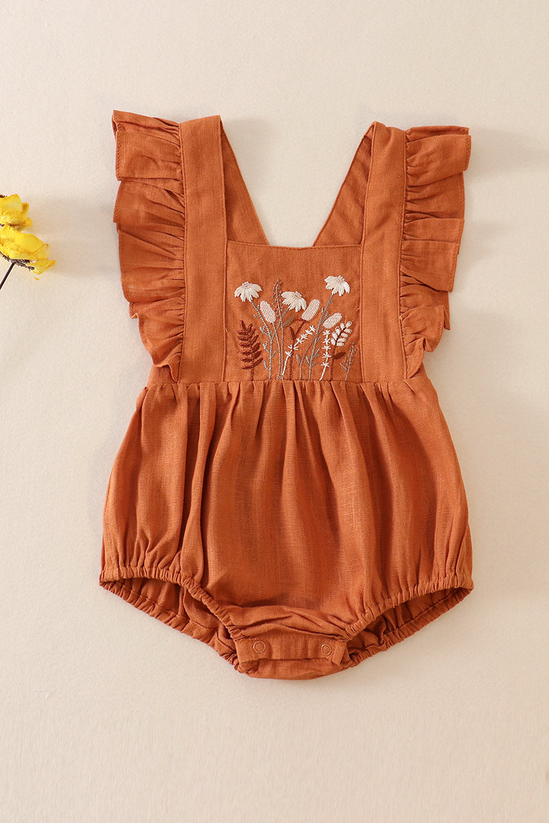 Caramel Linen Floral Embroidery Ruffle Bubble