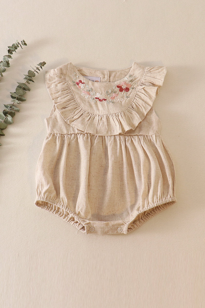 Beige Floral Embroidery Ruffle Linen Girl Bubble