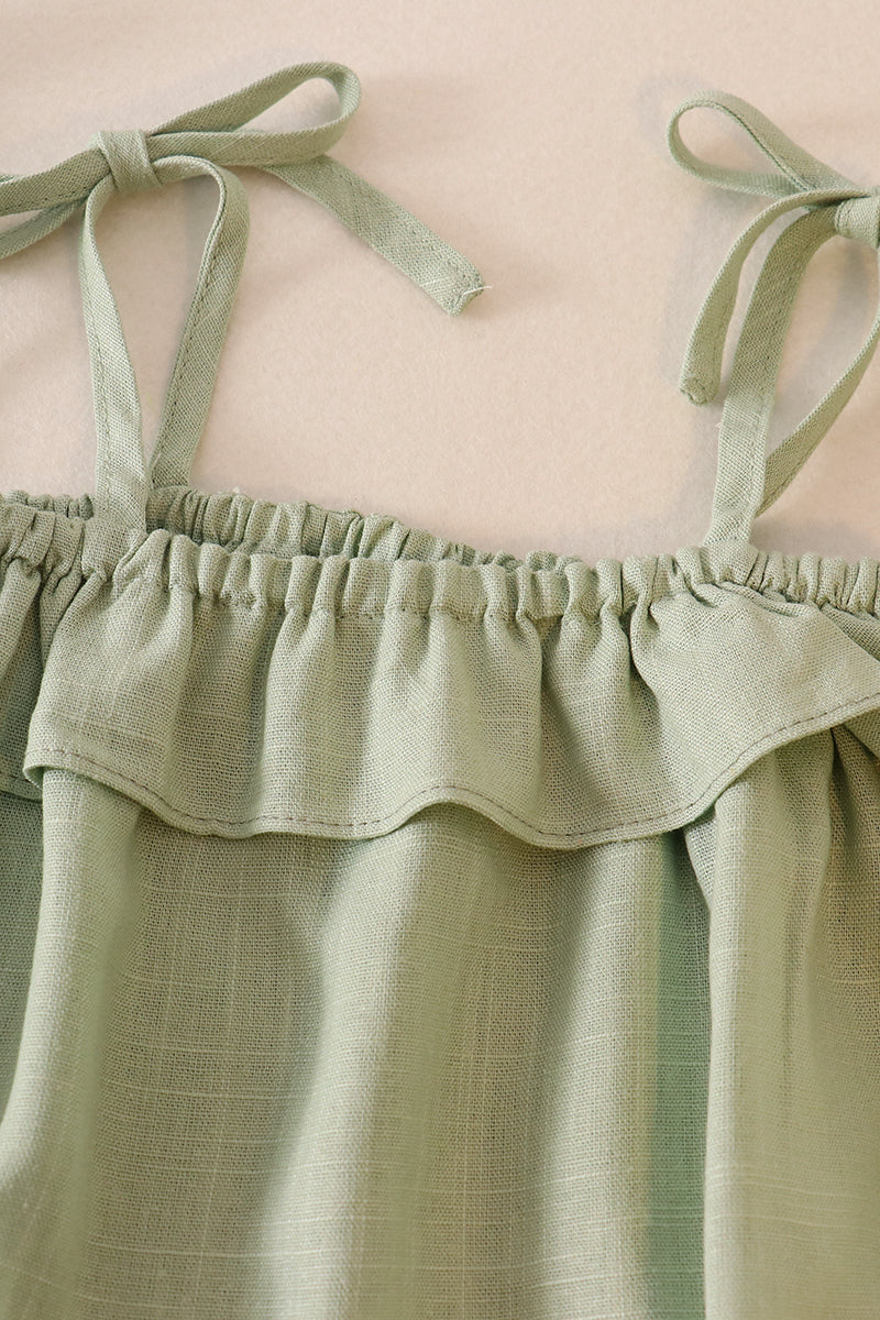 Green Strap Ruffle Linen Girl Bubble