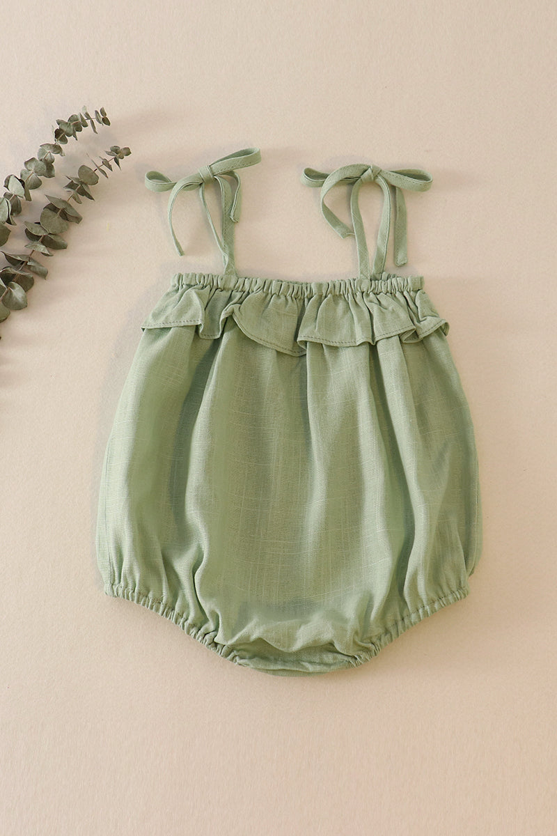 Green Strap Ruffle Linen Girl Bubble