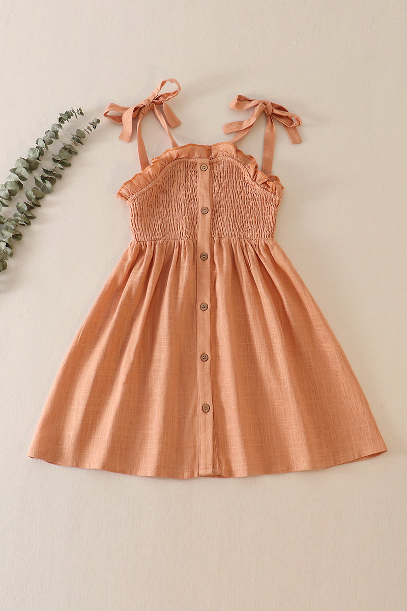 Coral Linen Smocked Button Dress