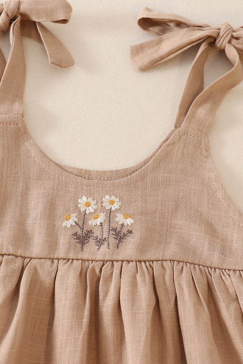 Beige Linen Floral Embroidery Ruffle Strap Bubble