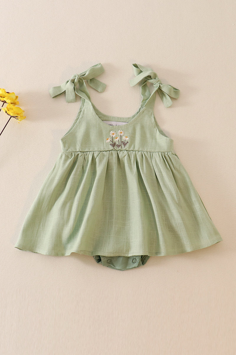 Sage Linen Floral Embroidery Ruffle Starp Bubble