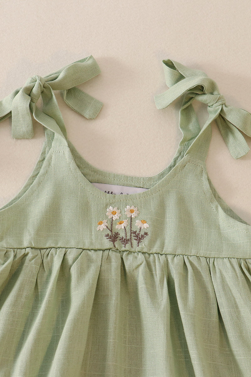 Sage Linen Floral Embroidery Ruffle Starp Bubble