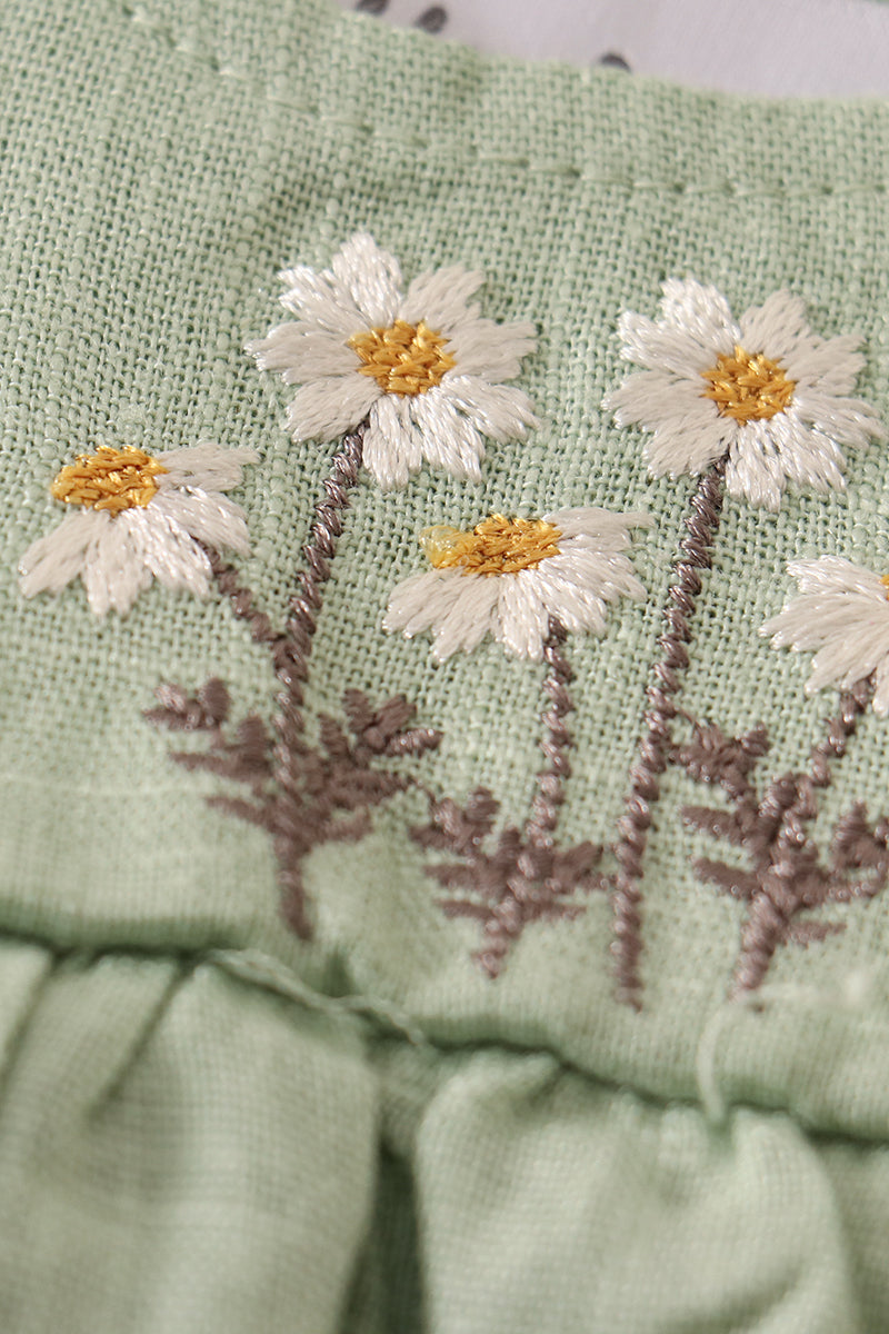 Sage Linen Floral Embroidery Ruffle Starp Bubble