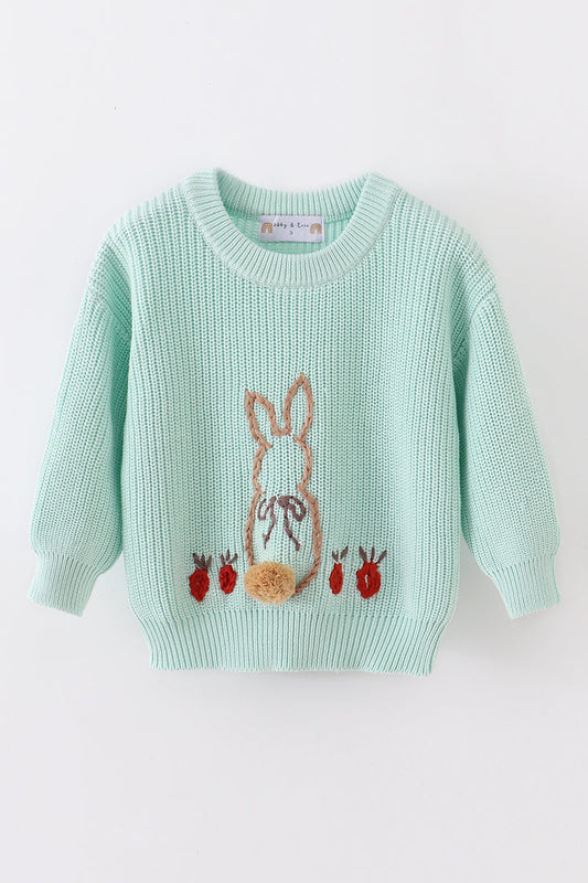 Blue Hand-Embroidery Bunny Pullover Sweater