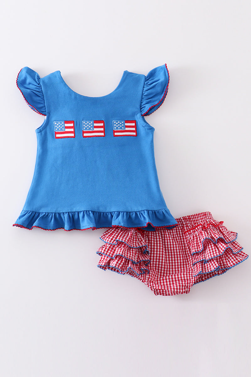 Premium Blue Patriotic Flag Applique Baby Set