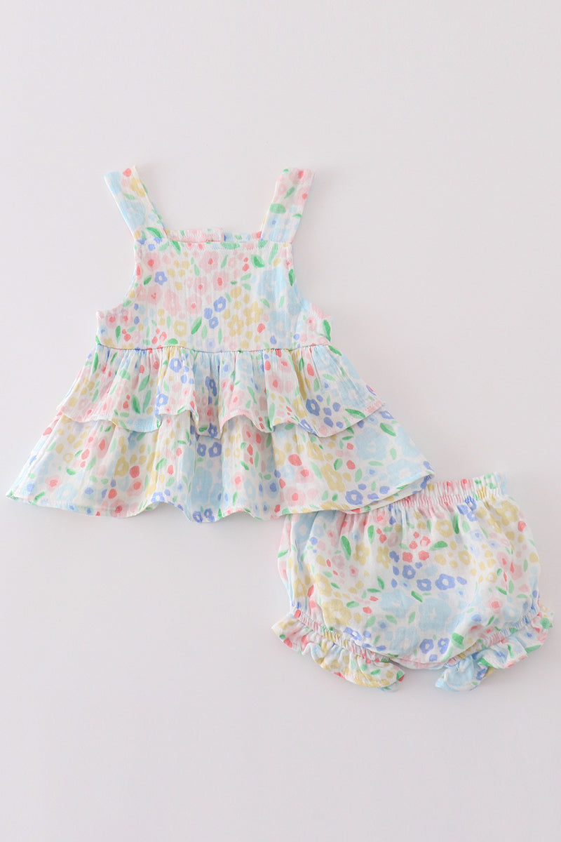 Premium Blue Muslin Floral Ruffle Set