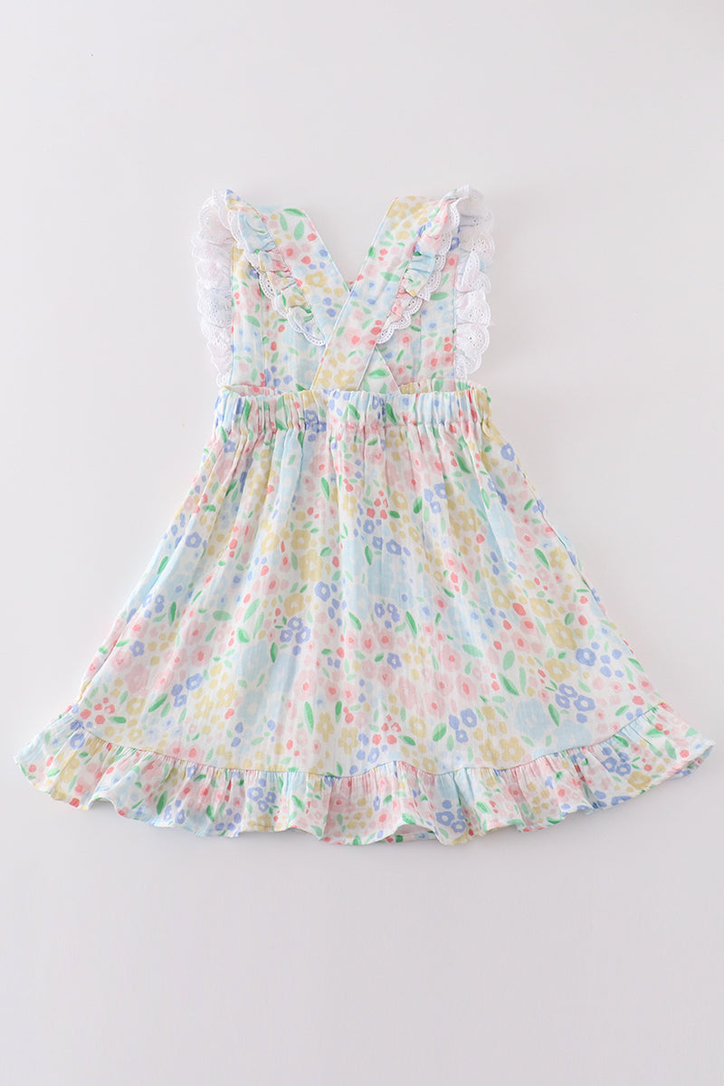 Premium Blue Muslin Floral Ruffle Dress