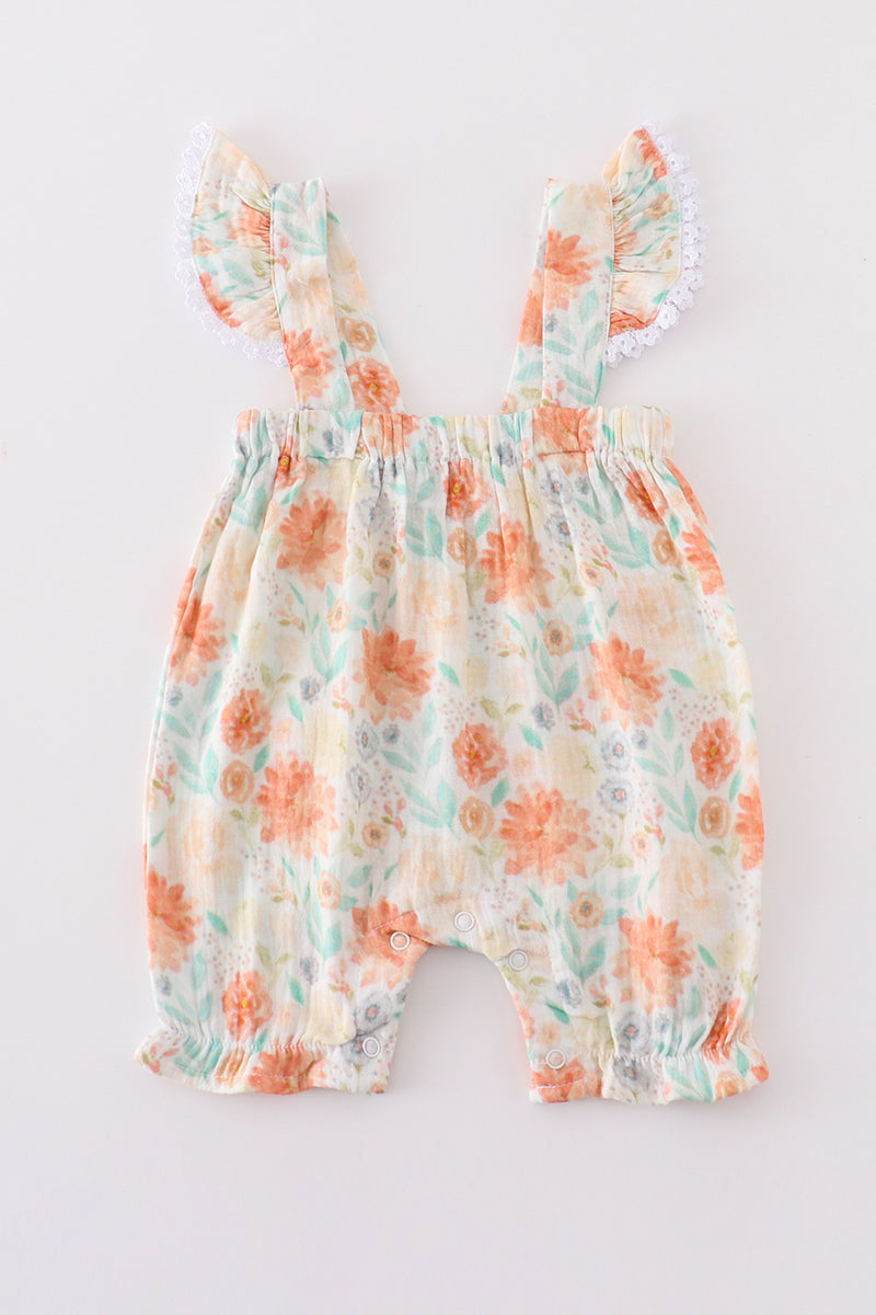 Premium Floral Muslin Leaves Ruffle Romper