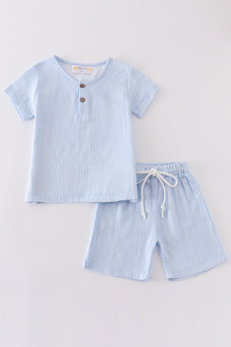 Premium Blue Muslin Stripe Boy Shorts Set