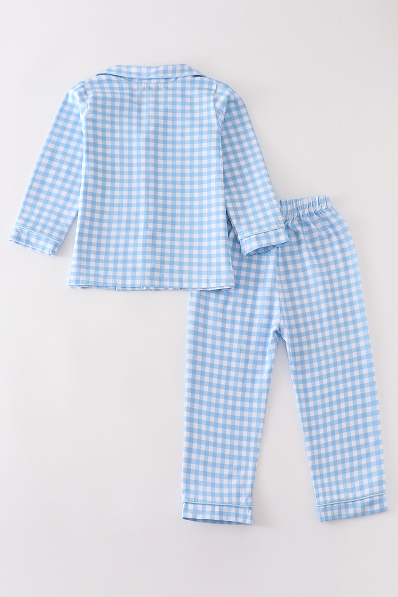 Premium Blue Plaid Boy Button Down Pajamas Set