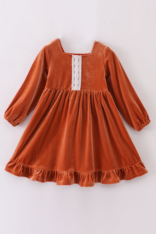 Premium Caramel Velvet Lace Girl Dress