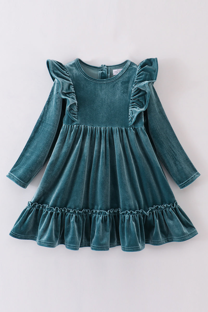 Premium Teal Velvet Ruffle Dress