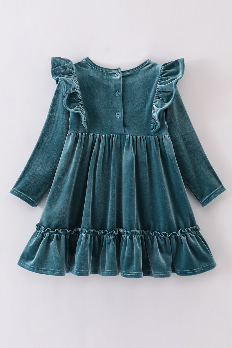 Premium Teal Velvet Ruffle Dress