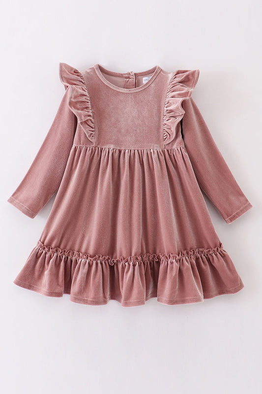 Premium Sand Velvet Ruffle Dress