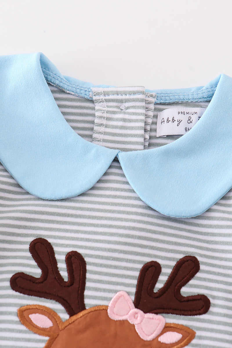 Premium Grey Stripe Reindeer Applique Girl Romper