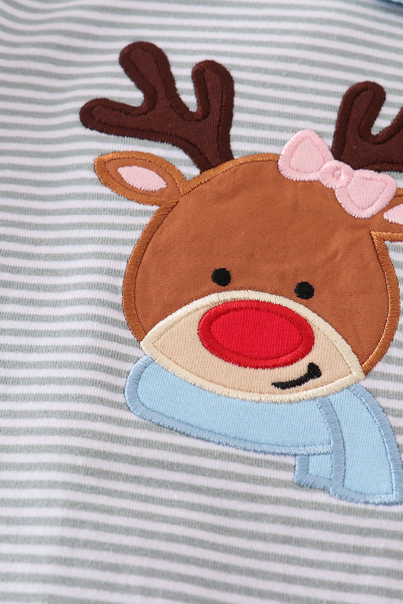 Premium Grey Stripe Reindeer Applique Girl Romper