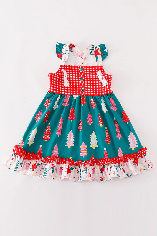 Platinum Red Christmas Tree Plaid Ruffle Dress