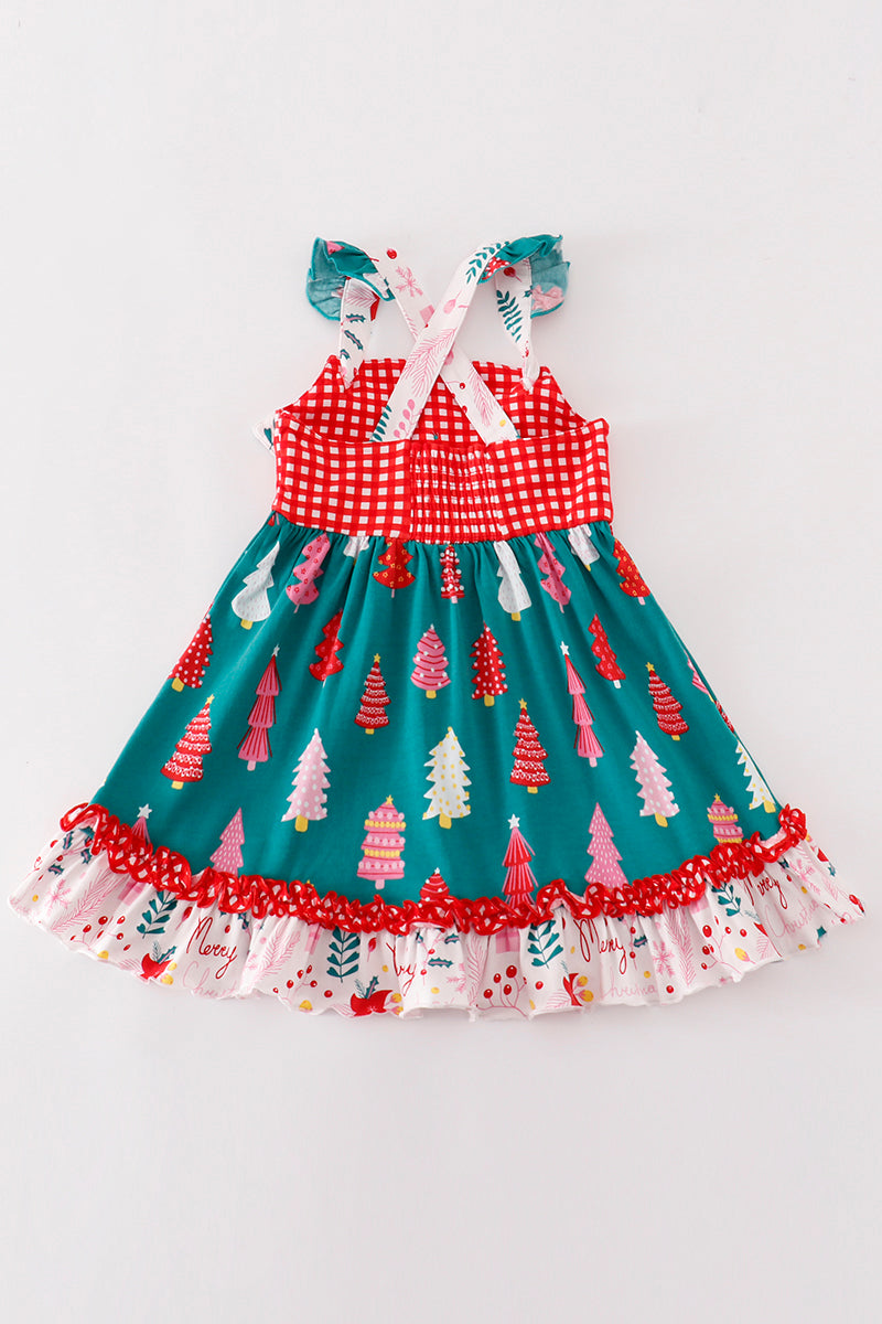 Platinum Red Christmas Tree Plaid Ruffle Dress