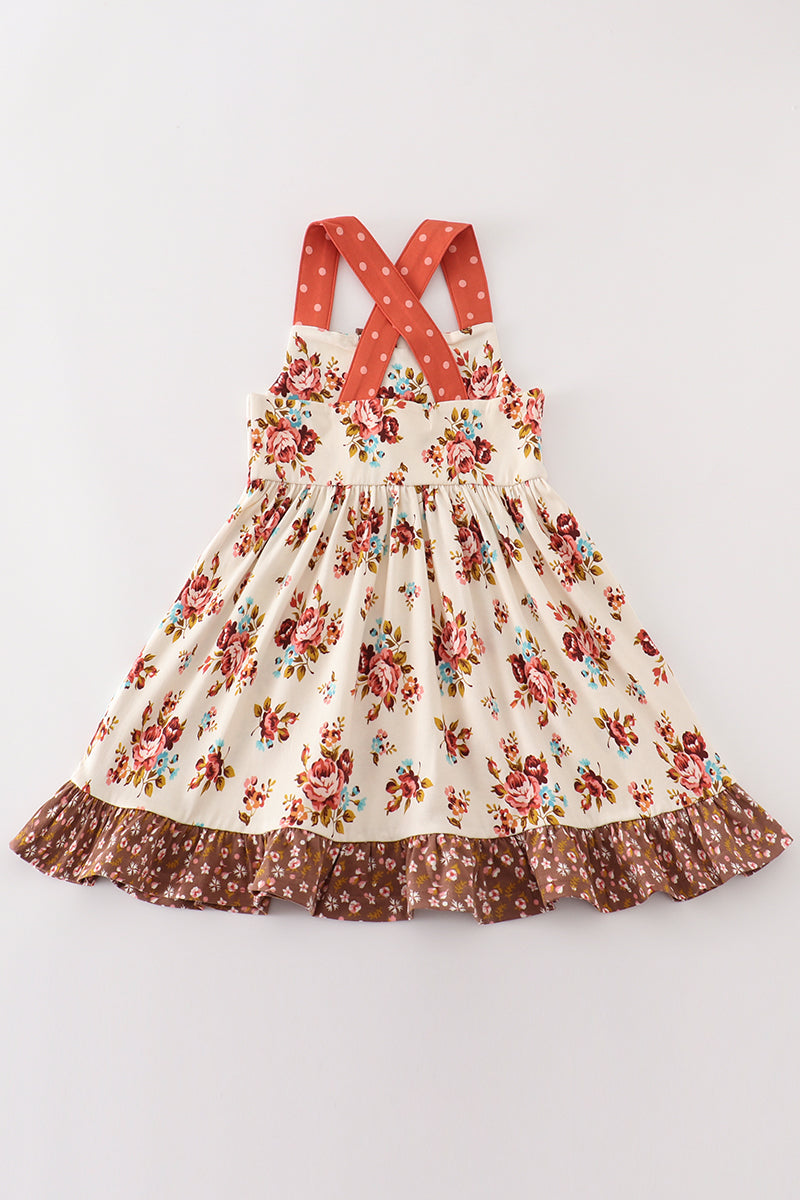 Platinum Rust Floral Print  Apron Ruffle Dress