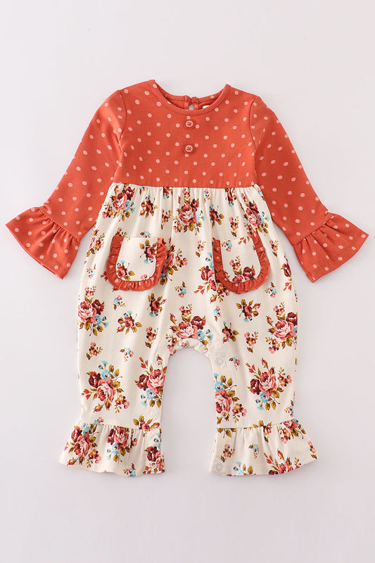 Platinum Rust Floral Dot Pocket Girl Romper