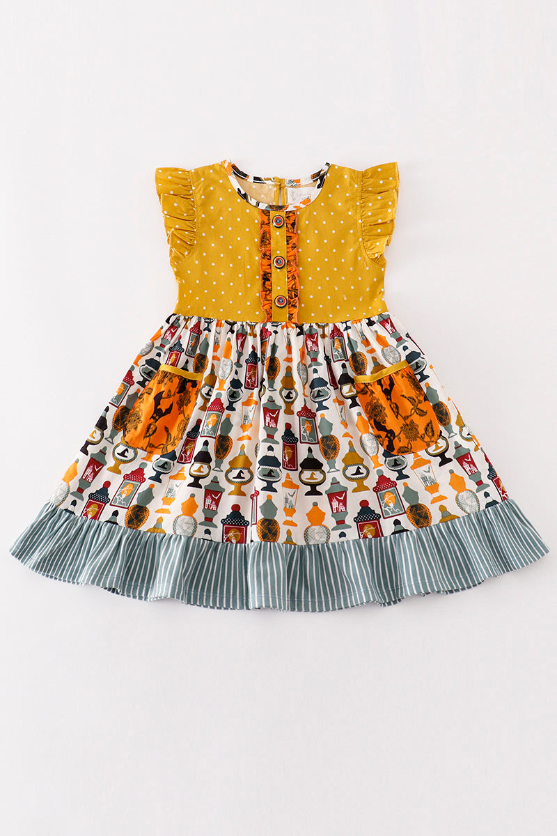 Platinum Yellow Halloween Dot Ruffle Pocket Dress