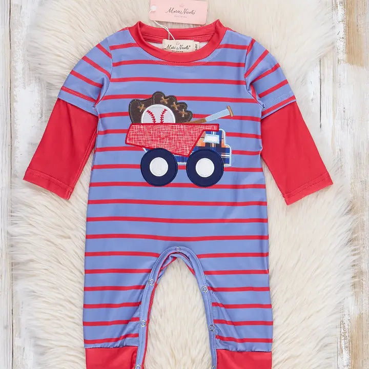 Blue & Red Striped Baseball Truck Romper