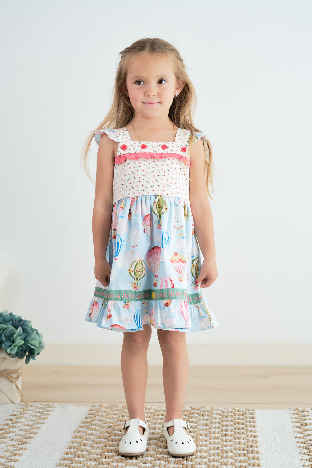 Platinum Balloon Print Floral Flutter Trim Dress