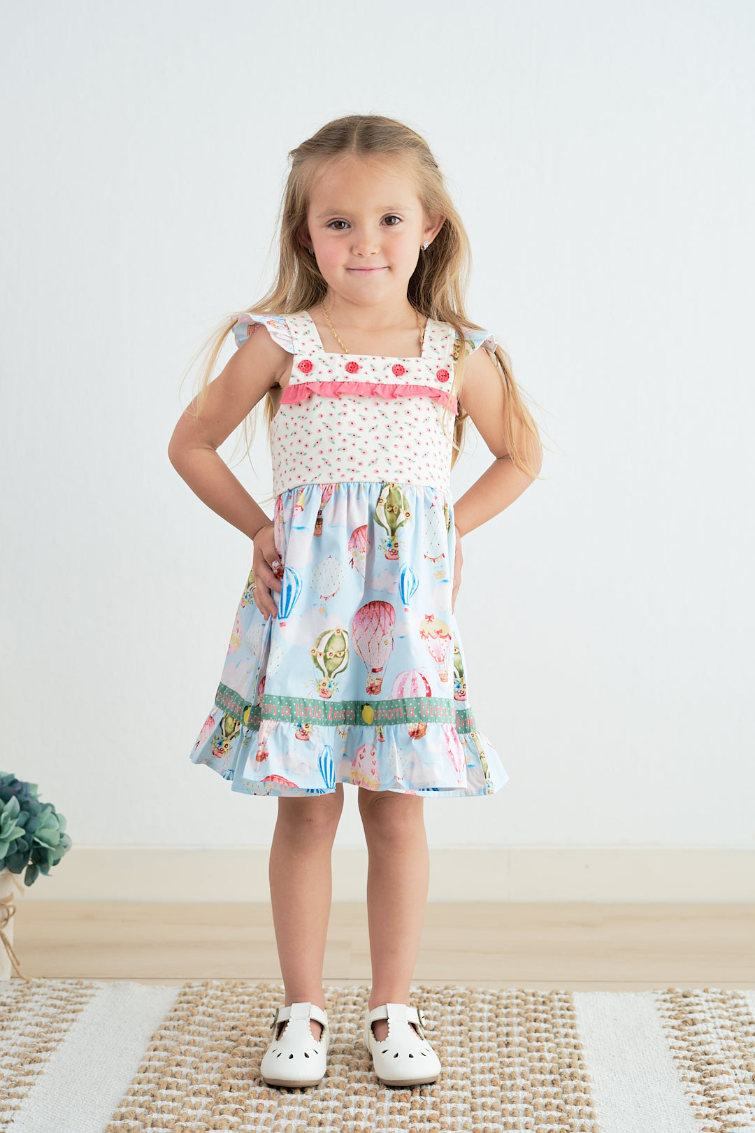 Platinum Balloon Print Floral Flutter Trim Dress