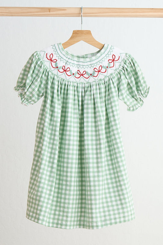 Green Bow Tie Hand Smocked Gingham Dress