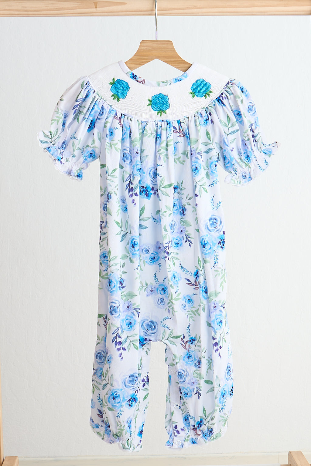 Blue Rose Hand Smocked Print Girl Romper