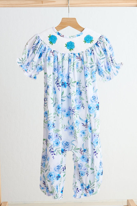 Blue Rose Hand Smocked Print Girl Romper