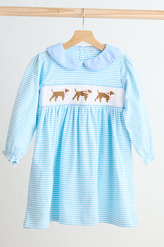 Blue Puppy Hand Smocked Stripe Dress