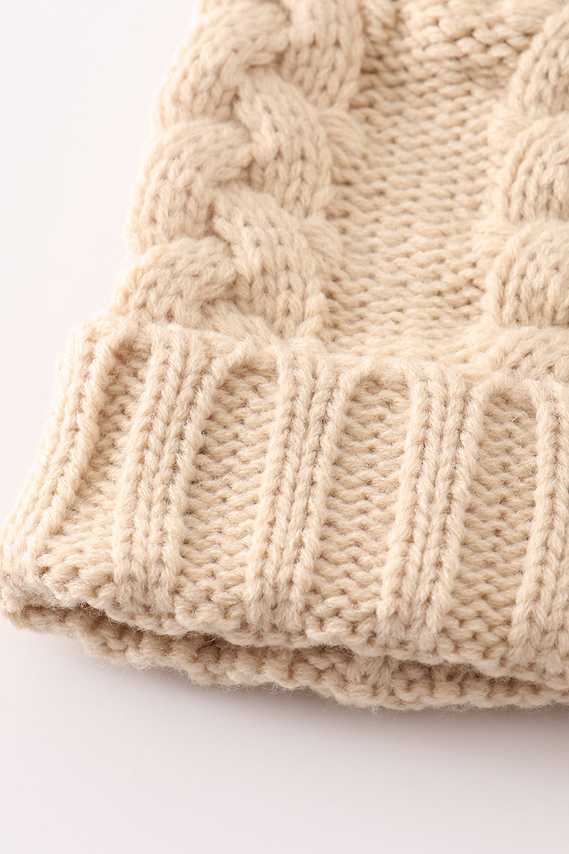 Beige Pompom  Cable Beanie