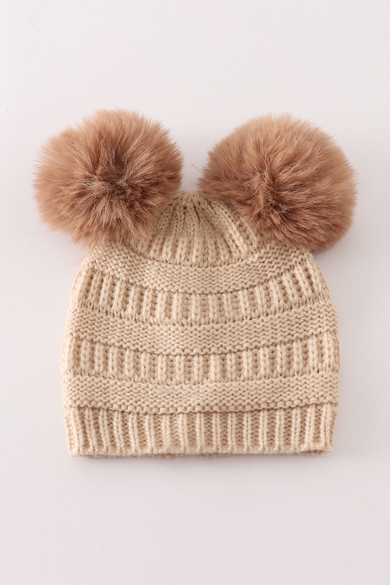 Beige Double Pompom Cable Beanie