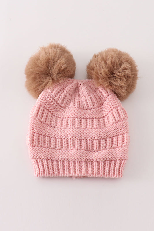 Pink Double Pompom Cable Beanie