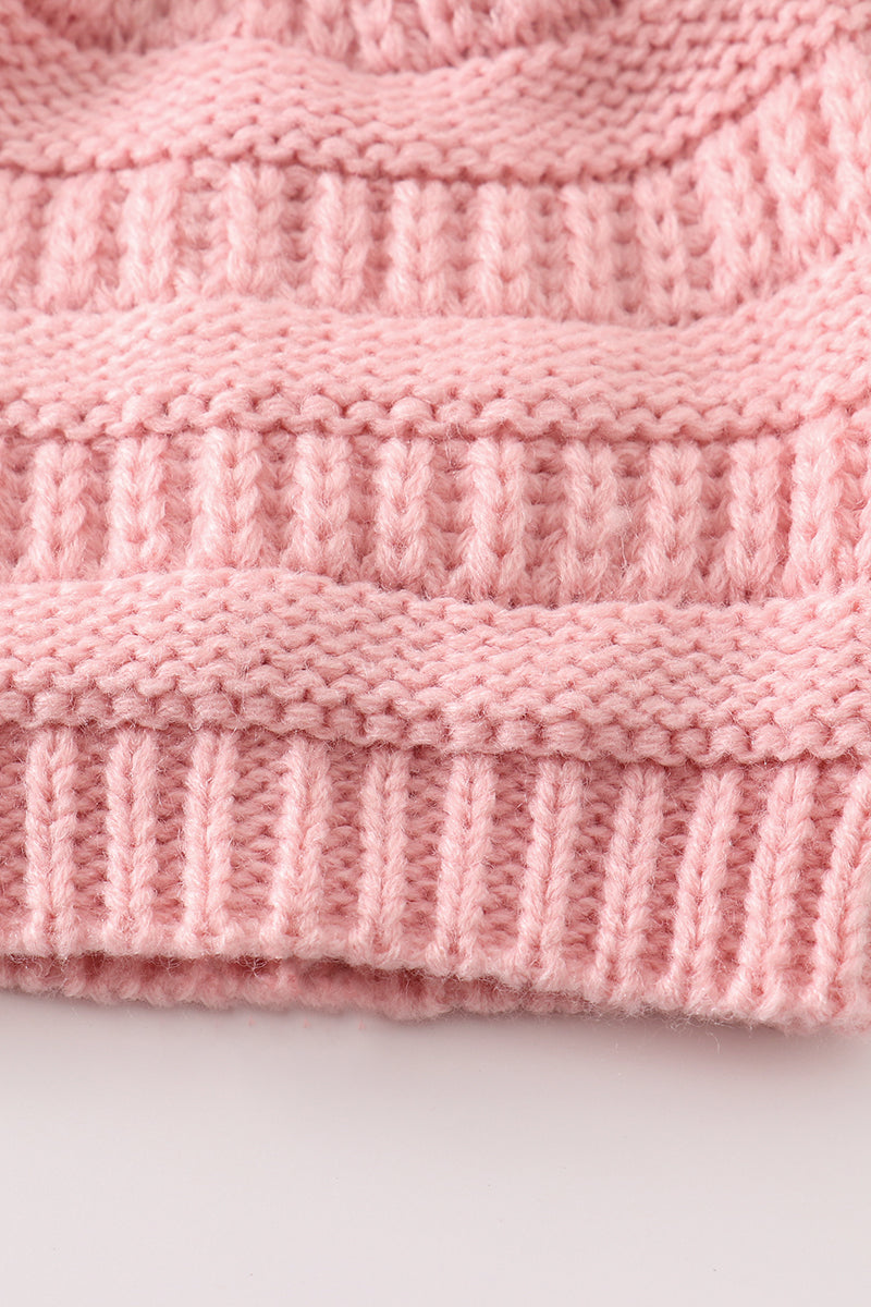 Pink Double Pompom Cable Beanie